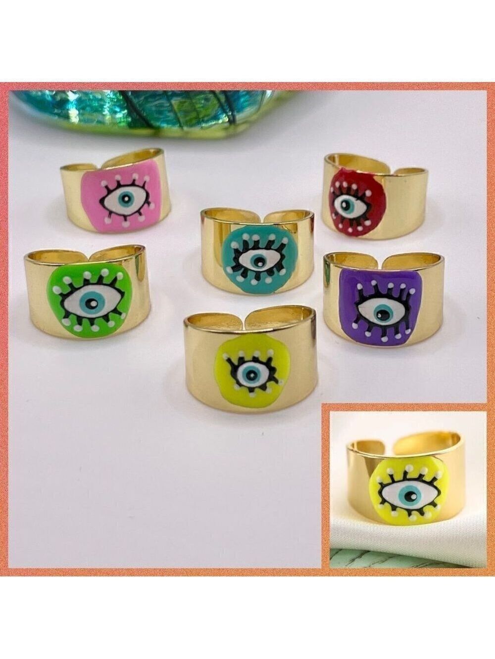 Boho Evil Eye Enamel and Copper Adjustable Ring #1300 YELLOW